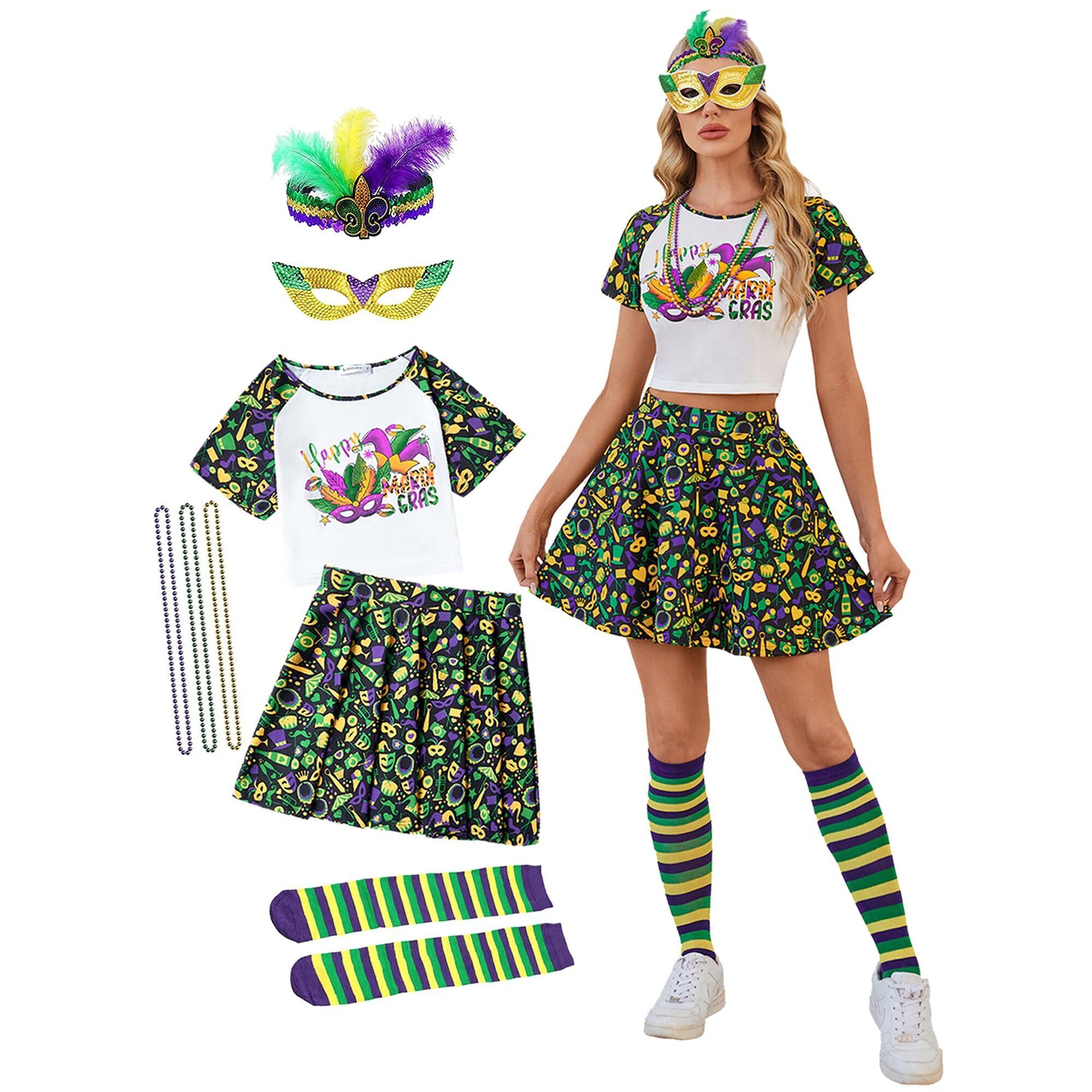 6141 Mardi Gras Costume Outfits Crop Top Skirt Sets With Socks